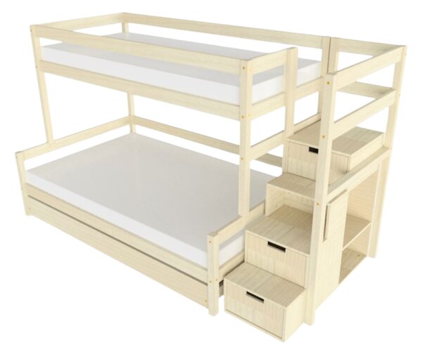Patrová postel LUCKY s úložnými schody 90x200, 120x200 cm - Nelakovaná, Zvolte šuplík: Přistýlka 90x190 cm, Zvolte stranu: Vpravo