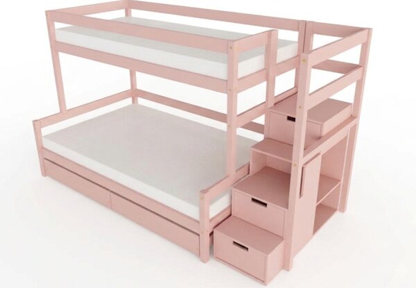 Patrová postel LUCKY s úložnými schody 90x200, 120x200 cm - Pastelově růžová, Zvolte šuplík: Dvojitý úložný šuplík, Zvolte stranu: Vpravo