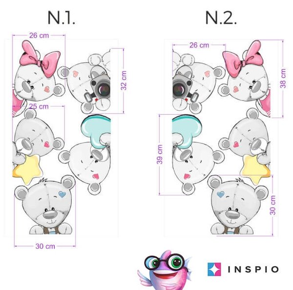 INSPIO-textilní přelepitelná samolepka - Dětské samolepky na zeď kolem dveří - Šedí plyšoví medvídci II