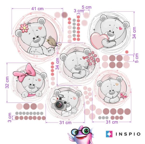 INSPIO-textilní přelepitelná samolepka - Samolepky na zeď - Růžoví plyšoví medvídci se jménem