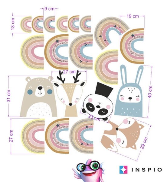 INSPIO-textilní přelepitelná samolepka - Samolepky do dětského pokoje - Duhy v růžové barvě se zvířatky