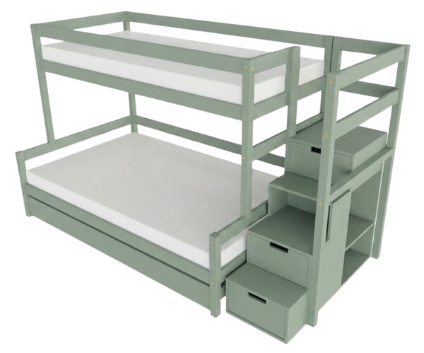 Patrová postel LUCKY s úložnými schody 90x200, 120x200 cm - Šalvějová zelená, Zvolte šuplík: Přistýlka 90x190 cm, Zvolte stranu: Vpravo