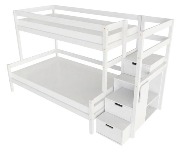 Patrová postel LUCKY s úložnými schody 90x200, 120x200 cm - Bílá, Zvolte šuplík: Bez šuplíku, Zvolte stranu: Vpravo