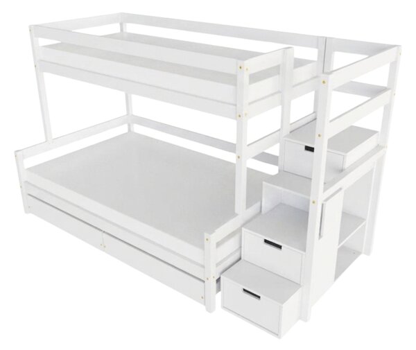 Patrová postel LUCKY s úložnými schody 90x200, 120x200 cm - Bílá, Zvolte šuplík: Dvojitý úložný šuplík, Zvolte stranu: Vpravo