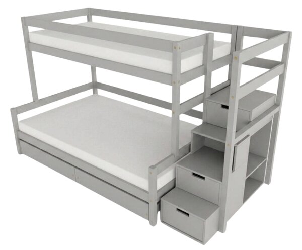 Patrová postel LUCKY s úložnými schody 90x200, 120x200 cm - Světle šedá, Zvolte šuplík: Dvojitý úložný šuplík, Zvolte stranu: Vpravo