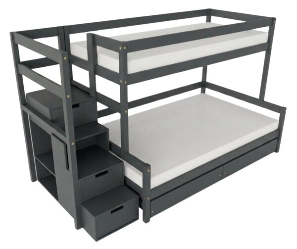 Patrová postel LUCKY s úložnými schody 90x200, 120x200 cm - Tmavě šedá, Zvolte šuplík: Dvojitý úložný šuplík, Zvolte stranu: Vlevo