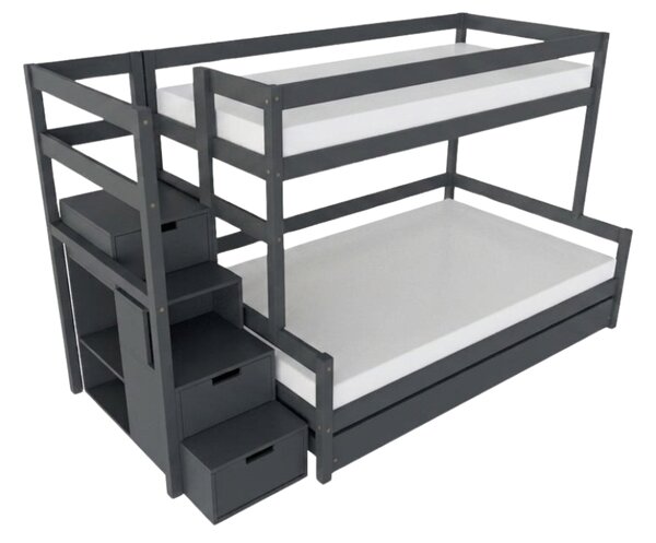 Patrová postel LUCKY s úložnými schody 90x200, 120x200 cm - Tmavě šedá, Zvolte šuplík: Přistýlka 90x190 cm, Zvolte stranu: Vlevo
