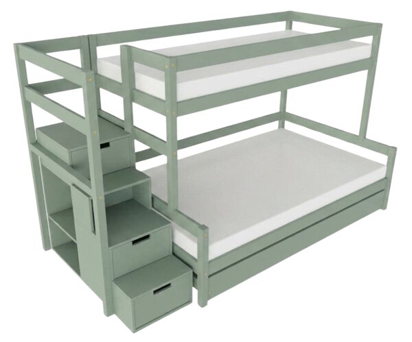 Patrová postel LUCKY s úložnými schody 90x200, 120x200 cm - Šalvějová zelená, Zvolte šuplík: Přistýlka 90x190 cm, Zvolte stranu: Vlevo