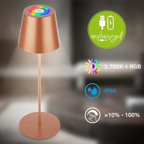 Briloner 7510013-LED RGB Stm stolní lampa CALIDA 2,5W/5V IP44 1200mAh bronzová