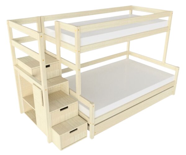 Patrová postel LUCKY s úložnými schody 90x200, 120x200 cm - Nelakovaná, Zvolte šuplík: Přistýlka 90x190 cm, Zvolte stranu: Vlevo