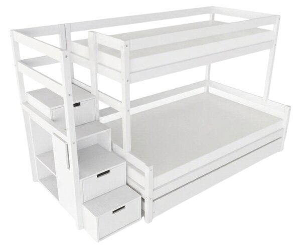 Patrová postel LUCKY s úložnými schody 90x200, 120x200 cm - Bílá, Zvolte šuplík: Přistýlka 90x190 cm, Zvolte stranu: Vlevo