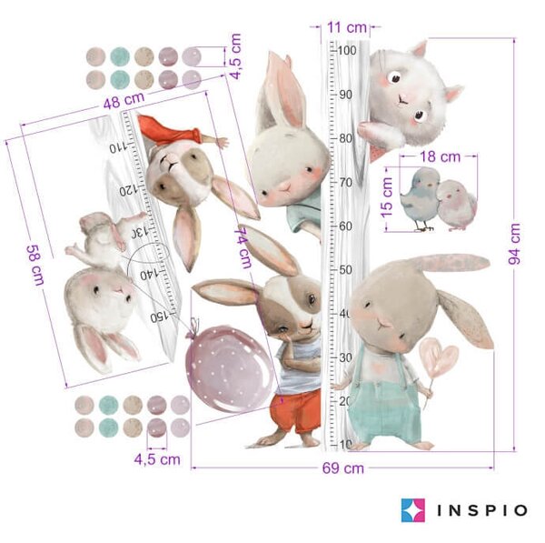 INSPIO-textilní přelepitelná samolepka - Dětský metr na zeď - Akvarelová zvířátka