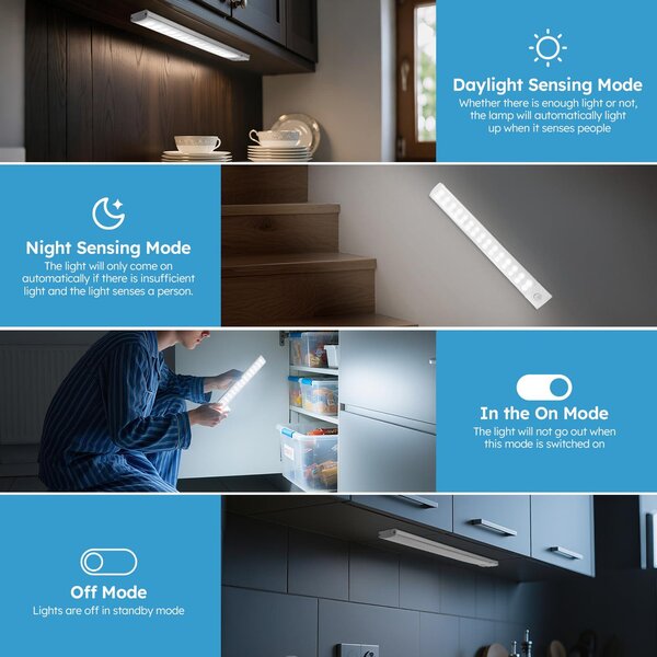 LED osvětlení pro kuchyňské skříňky s senzorem, 2 kusy, délka 30 cm, 3 barevné teploty