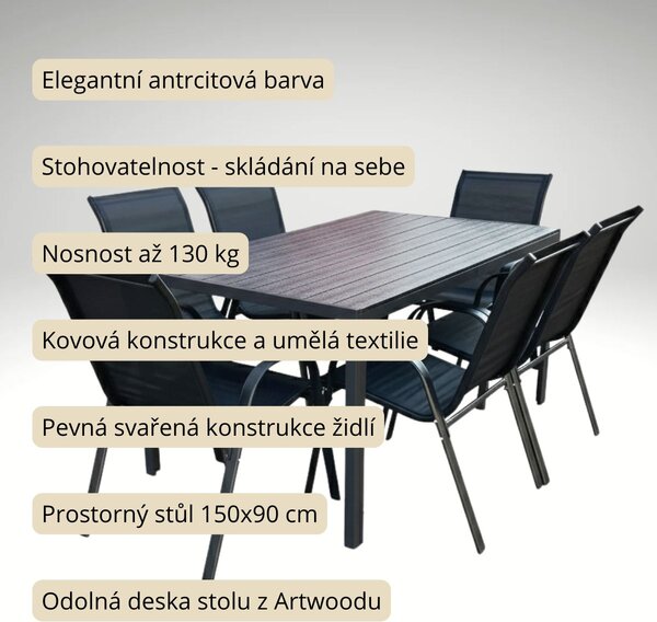 Vikio Venkovní zahradní set 150x90 pro 6 osob DK304 antracit
