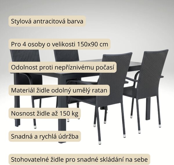 Vikio Zahradní ratanový set 150x90 pro 4 osoby DT255 antracit