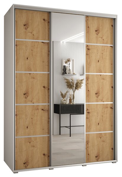 Šatní skříň s posuvnými dveřmi a zrcadlem DAVOS 5, 170cm | Bílá / DUB Artisan / stříbrné