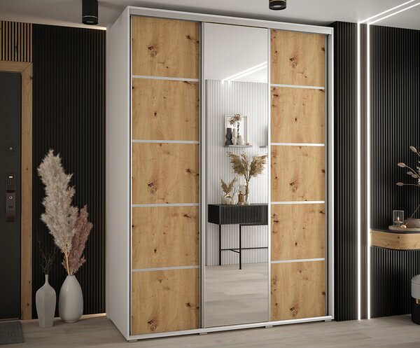 Šatní skříň s posuvnými dveřmi a zrcadlem DAVOS 5, 170cm | Bílá / DUB Artisan / stříbrné