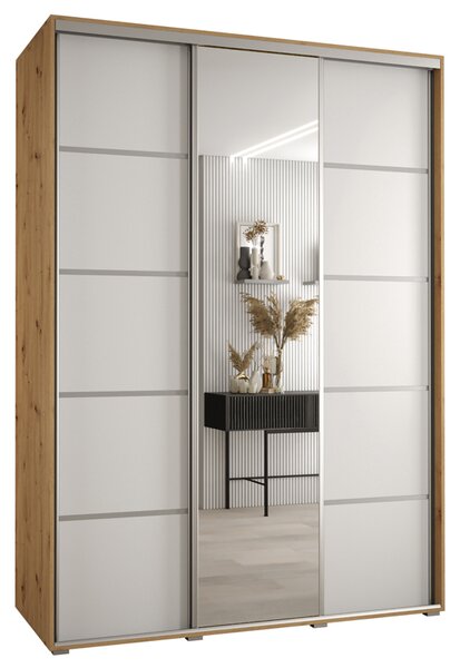 Šatní skříň s posuvnými dveřmi a zrcadlem DAVOS 5, 170cm | DUB Artisan / bílá / stříbrné