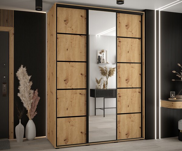Šatní skříň s posuvnými dveřmi a zrcadlem DAVOS 5, 170cm | DUB Artisan / černé pojezdy