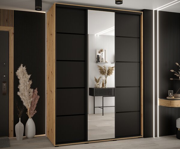 Šatní skříň s posuvnými dveřmi a zrcadlem DAVOS 5, 170cm | DUB Artisan/černá/černé pojezd