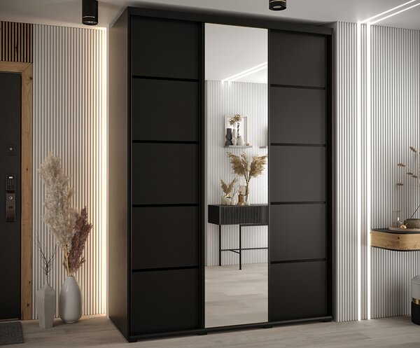Šatní skříň s posuvnými dveřmi a zrcadlem DAVOS 5, 170cm | Černá / černé