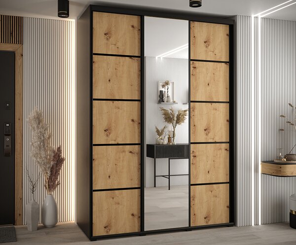 Šatní skříň s posuvnými dveřmi a zrcadlem DAVOS 5, 170cm | Černá / DUB Artisan / černé