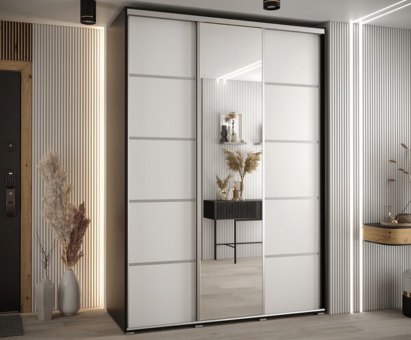 Šatní skříň s posuvnými dveřmi a zrcadlem DAVOS 5, 170cm | Černá / bílá / stříbrné pojezdy