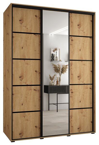 Šatní skříň s posuvnými dveřmi a zrcadlem DAVOS 5, 170cm | DUB Artisan / černé pojezdy