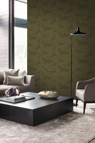 Vliesová zelená/khaki tapeta - ptáci, jeřábi - látková textura 347758, Natural Fabrics, Origin