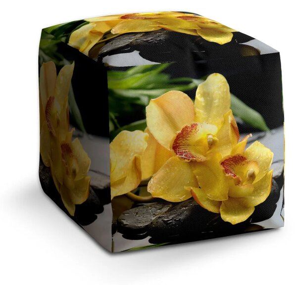 Sablio Taburet Cube Žluté orchideje - 40x40x40 cm