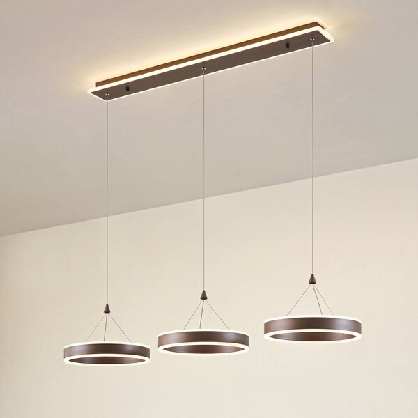 Lucande LED závěsné světlo Kolo, 114 cm, 3-flg., hnědá, stmívatelné, stmívatelný, Hnědá / rez, Obývací pokoj / jídelna, Moderní