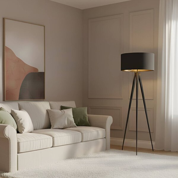 Lindby Stojací lampa Benik, trojnožka, textil, černá/zlatá, 153 cm, Černá, Obývací pokoj / jídelna, Textil / tkanina / hedvábí, Moderní