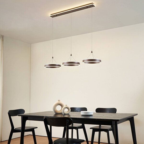 Lucande LED závěsné světlo Kolo, 114 cm, 3-flg., hnědá, stmívatelné, stmívatelný, Hnědá / rez, Obývací pokoj / jídelna, Moderní