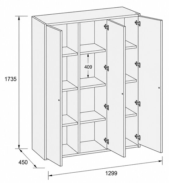 Kancelářská skříň FRAME, 3x dveře, 1299 x 450 x 1735 mm, PUSH-lock, dub přírodní