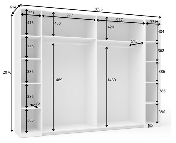 Velká šatní skříň 270 cm GIRADOT - bílá / černé úchyty