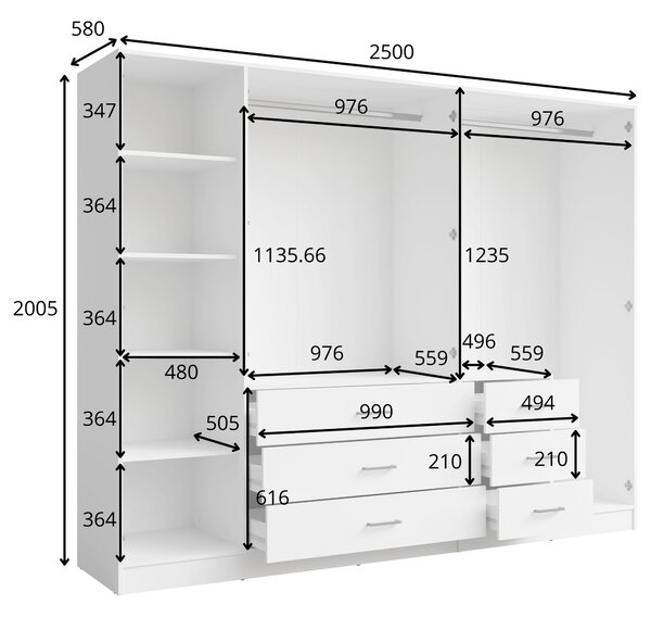 Velká šatní skříň se zrcadlem 250 cm SIBATE - bílá