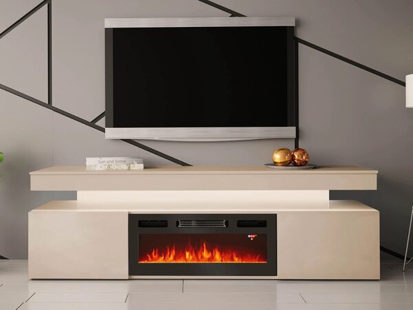 TV stolek s elektrickým krbem HYDA - pískový béžový + LED osvětlení ZDARMA