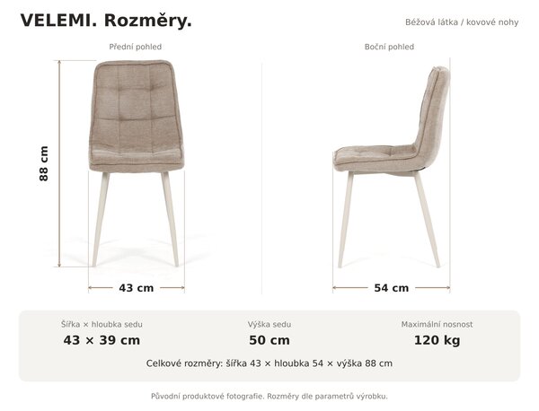 Jídelní židle VELEMI - béžová látka / kovové nohy