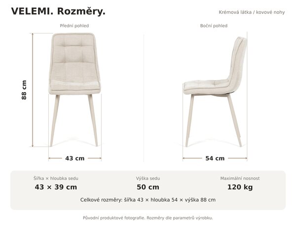 Jídelní židle VELEMI - krémová látka / kovové nohy