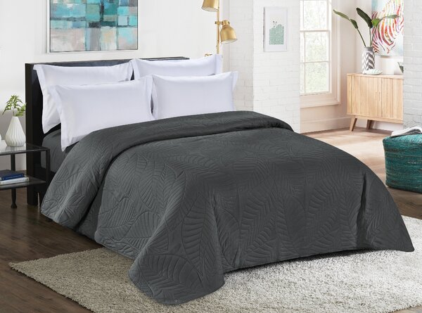 Tmavě šedý přehoz na postel se vzorem LEAVES Rozměr: 200 x 220 cm