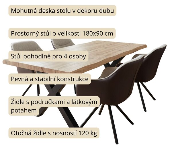 Vikio Jídelní set 4+1 160x90 cm dub, krémová látka VJS154-4K