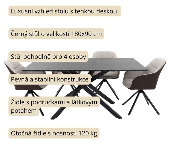 Vikio Jídelní set pro 4 osoby 180x90 cm černý, krémová látka VJS208-4K