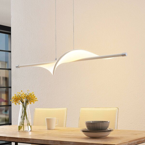 Lucande LED závěsné svítidlo Edano, 122 cm, bílé, textilní, stmívatelné, stmívatelný, Bílá / opál, Obývací pokoj / jídelna, Textil / tkanina / hedvábí, Moderní