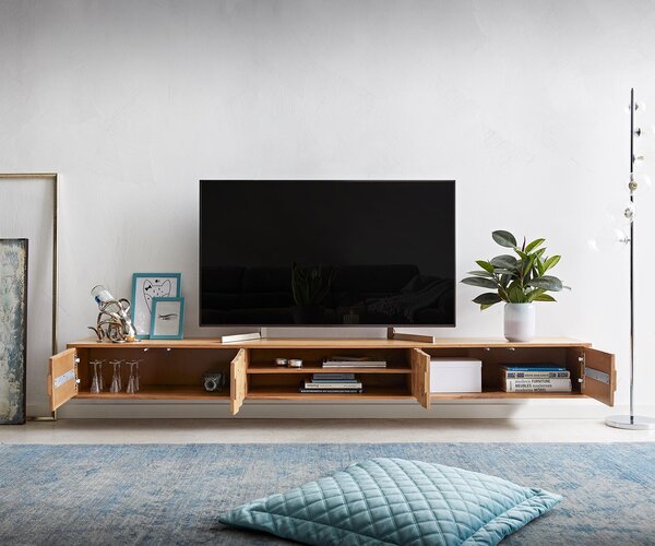 DELIFE TV stolek Fevo 240 cm akácie přírodní 4 dvířka závěsný