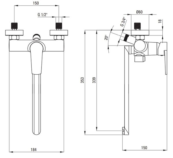Deante Tubo, nástěnná vanová baterie s prodlouženým ramenem 339mm, chromová, DEA-BUT_056M