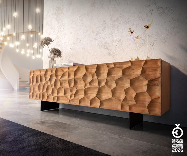 DELIFE TV stolek Solu 175 cm akácie přírodní 2 dvířka 2 zásuvky závěsná kovová podnož černá 3D přední panel