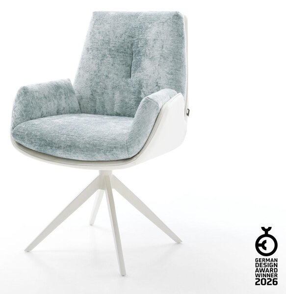 DELIFE Jídelní židle Clea-Flex kombinace materiálů pravá kůže bílá pastelově modrá široká křížová podnož bílá 360° otočná houpací funkce