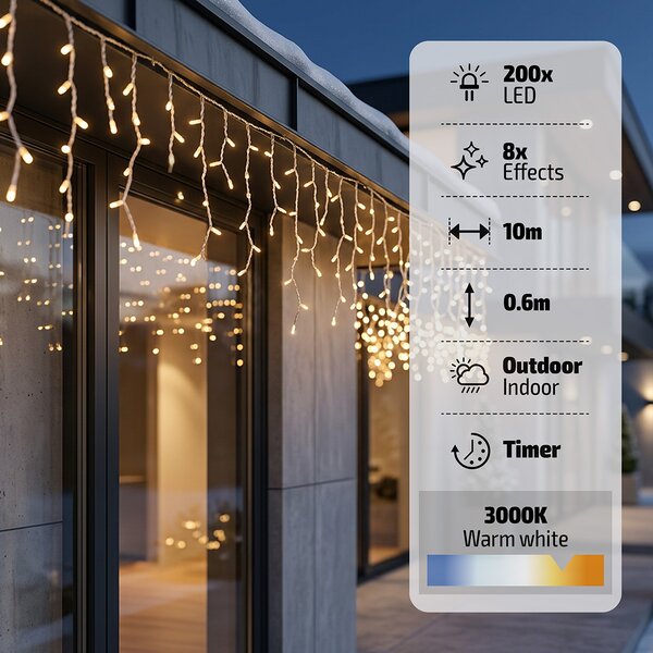 SOLIGHT LED vánoční závěs rampouchy, 200 LED, 10m, IP44, teplá bílá