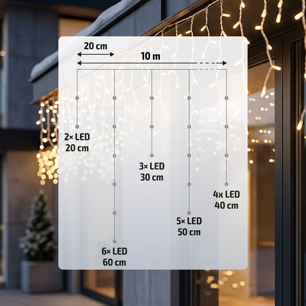 SOLIGHT LED vánoční závěs rampouchy, 200 LED, 10m, IP44, teplá bílá