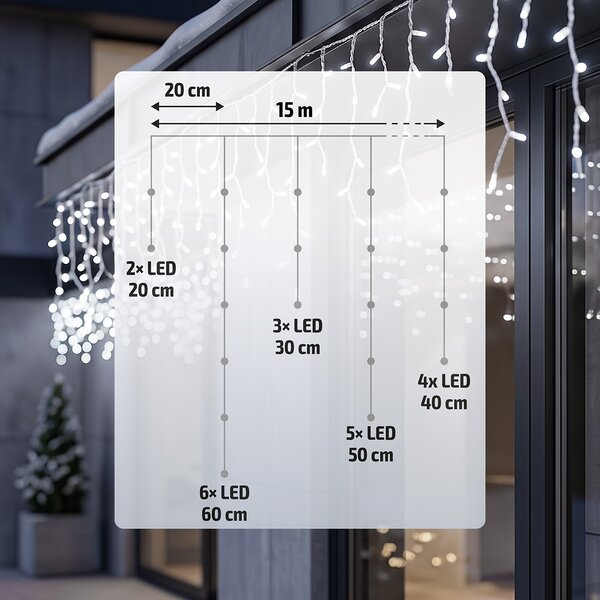 SOLIGHT LED vánoční závěs rampouchy, 300 LED, 15m, IP44, studená bílá